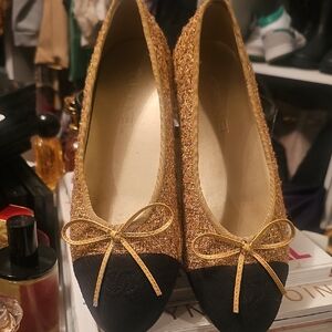 Gold and Black Flats with Bow Detail
